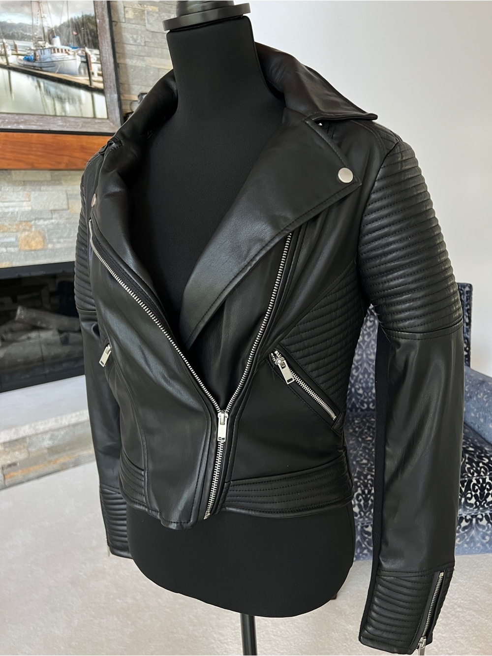 Bar III Black Faux Leather Moto Jacket with Silver Zippers - Picture 3 of 13